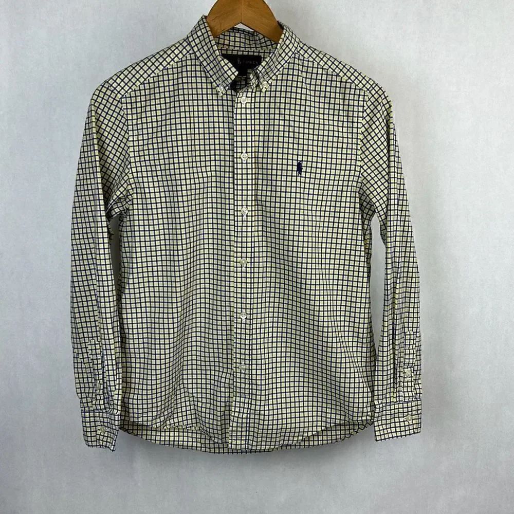 Ralph Lauren Boys Button Down Shirt Sz L 14-16 Long Sleeve Blue Yellow Plaid